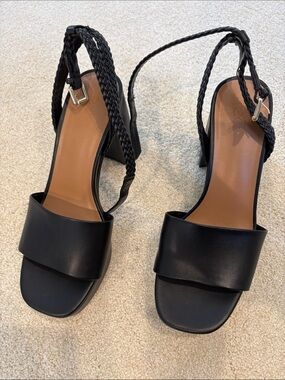 Black Braided Slingback Block Heel Sandals — Women's
